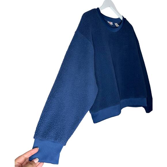 Levi's Blue Crewneck Sweater Sherpa Fleece Fuzzy Top Minimalist Relaxed Wear XL - Picture 4 of 9